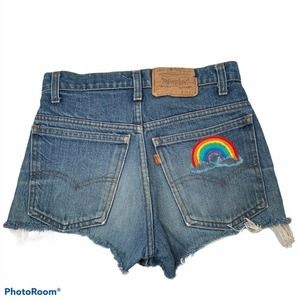 VINTAGE 80s LEVIS Denim Shorts Cutoff Cheeky Hand Embroidered Rainbow Waist 26